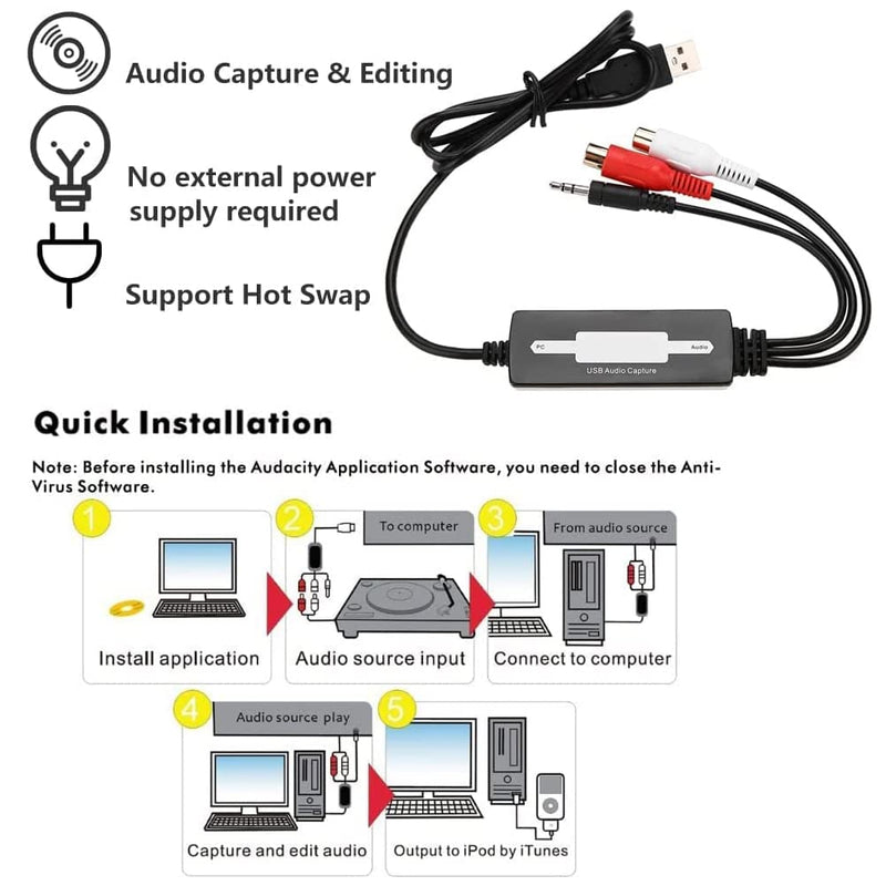 USB Audio Capture Recorder Card Converts Turntable LP/Cassette Tape Audio to MP3/WAV Digital Music Converter Adapter, Support XP/Vista/7/8/8.1/10 and