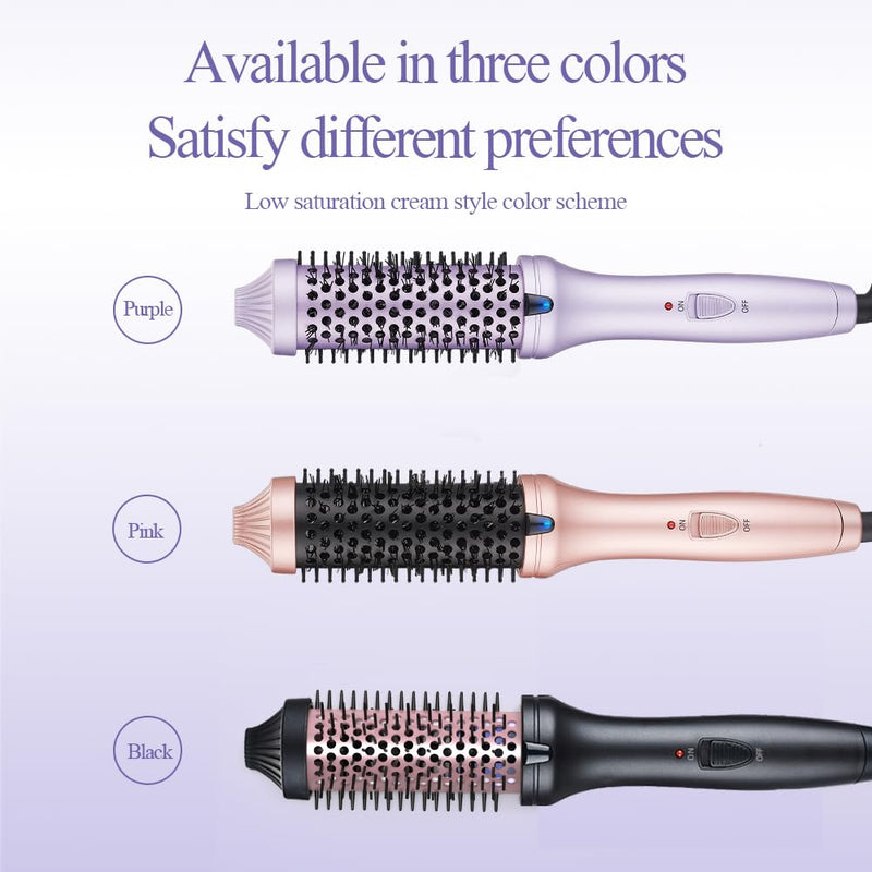 3-in-1 Negative Ion Heating Brush 38mm - 10°C Dual Tension Round Ceramic Tourmaline Brush for Full & Curly Hair (Purple)