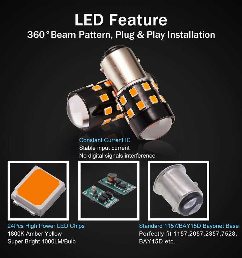 4-Pack Super Bright 1157 2057 2357 7528 1157A LED Bulbs Amber Yellow 9-30V Non-Polarity 24-SMD LED Chipsets with Projector for Turn Signal Lights, Side Marker Lights Pack of 4