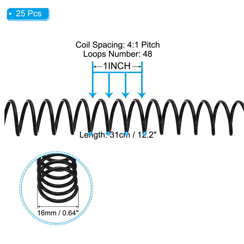 PATIKIL 16mm(5/8") Plastic Spiral Binding Coils, 25 Pcs Binding Spirals 140 Sheet Capacity 4:1 Pitch Binding Spirals for Binding Paper Sheets, Black 16mm(5/8")
