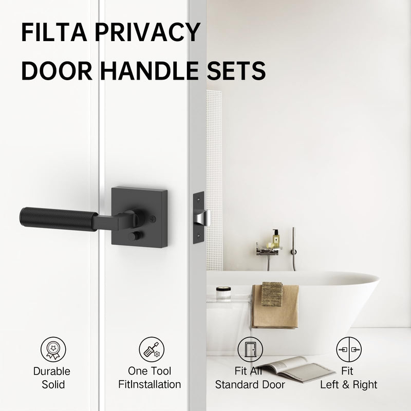 FILTA 1 Pack Matte Black Privacy Door Handles, Knurled Door Levers Interior Matte Black Door Lever Bathroom Door Knobs Heavy Duty Square Door Lock