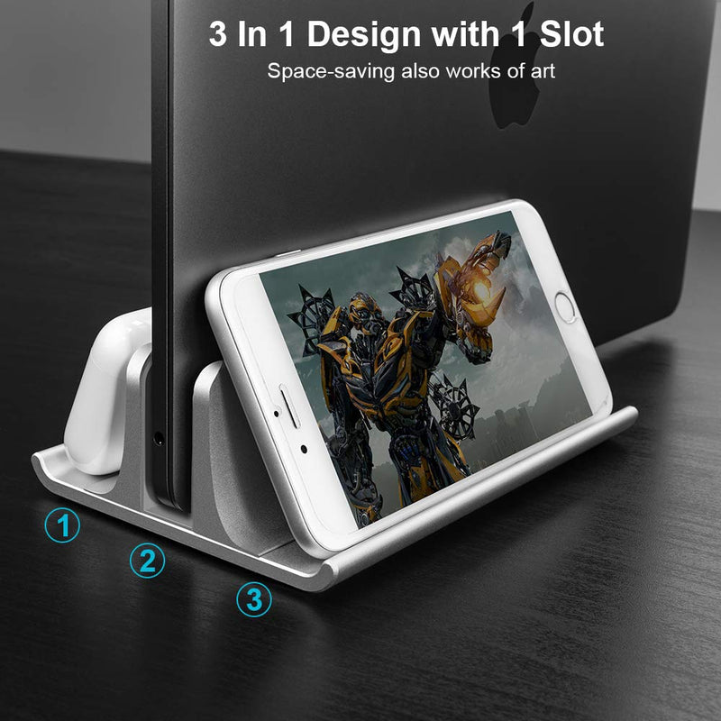 Vaydeer 3-in-1 Aluminum Laptop Stand Vertical Laptop Stand Holder for Desk with Adjustable Dock, Space-Saving Organizer for All MacBook, Surface, Samsung, HP, Dell, up to 17.3 inch Silver