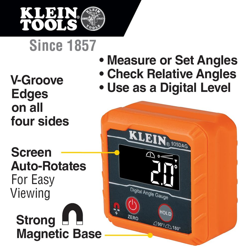 Klein Tools 935DAG Digital Electronic Level and Angle Gauge, Measures 0 - 90 and 0 - 180 Degree Ranges, Measures and Sets Angles Gauge / Level