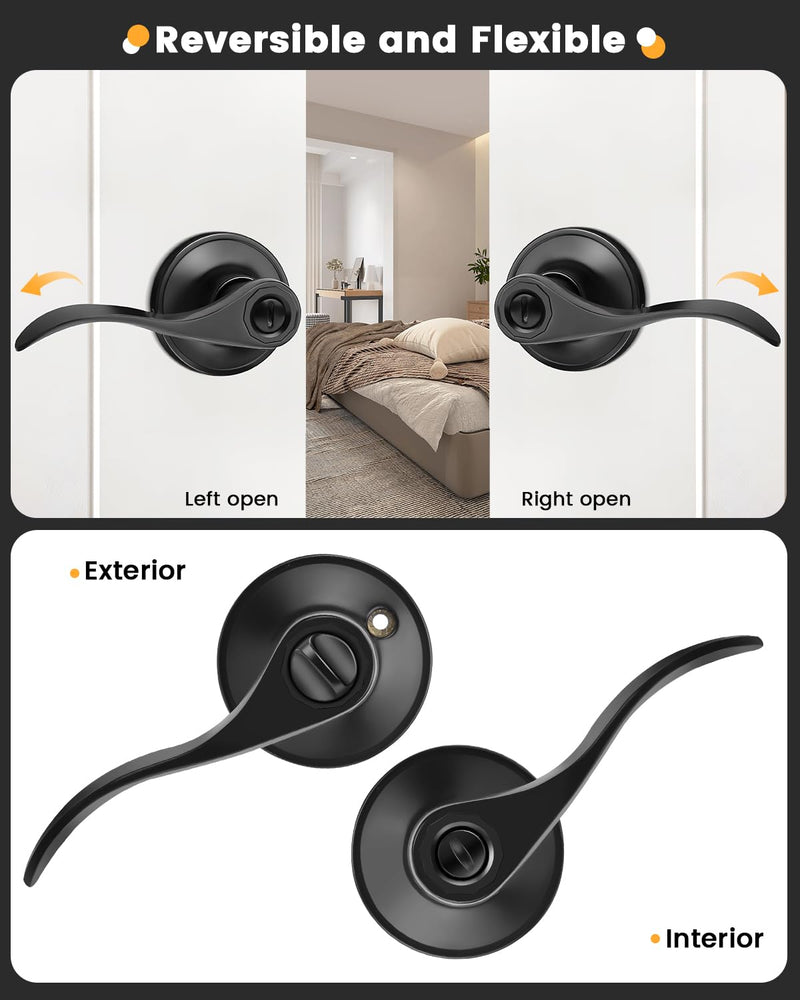 Gobrico Matte Black 1 Pack Privacy Door Handle, Interior Keyless Lever for Bedroom Bathroom, Reversible Wave/Drop Style Door Knob