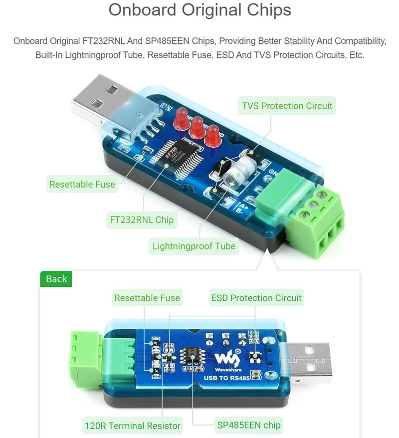  [AUSTRALIA] - Waveshare 2PCS Industrial USB to RS485 Bidirectional Converter Adapter Board with Original FT232RNL and SP485EEN Chip Fast Communication up to 1.2km Transmission Distance Embed Protection Circuits