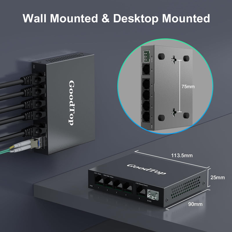 5 Port 2.5Gb Unmanaged Ethernet Switch with 10G SFP+,5 x 2.5G Base-T Ports Compatible with 10/100/1000Mbps,Plug&Play Metal Fanless Multi-Gigabit Homelab Setup Network Switch,Wall Mountable GT-ST015