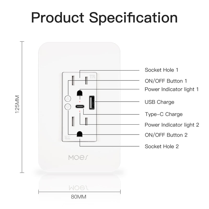 MOES Smart USB Wall Outlet Receptacle with Type-C & Type-A Charger, 2.4GHz Wi-Fi in-Wall Plug Socket, Remote Individual Control On/Off 15Amp, No Hub Required USB & Type-C Outlet 1 Pack