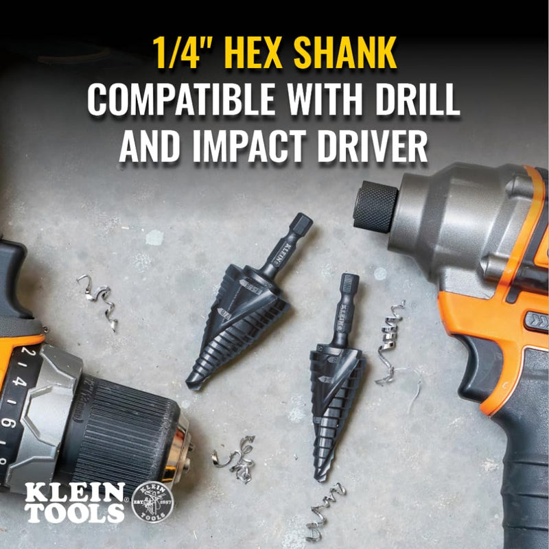 Klein Tools QRST11 Step Drill Bit, Quick Release Spiral Double-Fluted, 7/8 to 1-1/8-Inch, Hex Shank, Cut Steel, Wood, Plastic, Aluminum