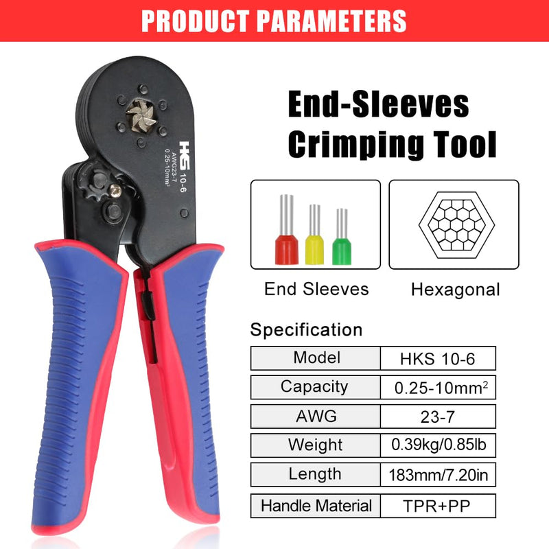 HKS Ferrule Crimping Tool Kit - Hexagonal Ferrule Crimper Plier (AWG 23-7) with Wire Stripper & 1900pcs Wire End-Sleeves Terminals Kit Crimper 10-6+1900PCS+Stripper
