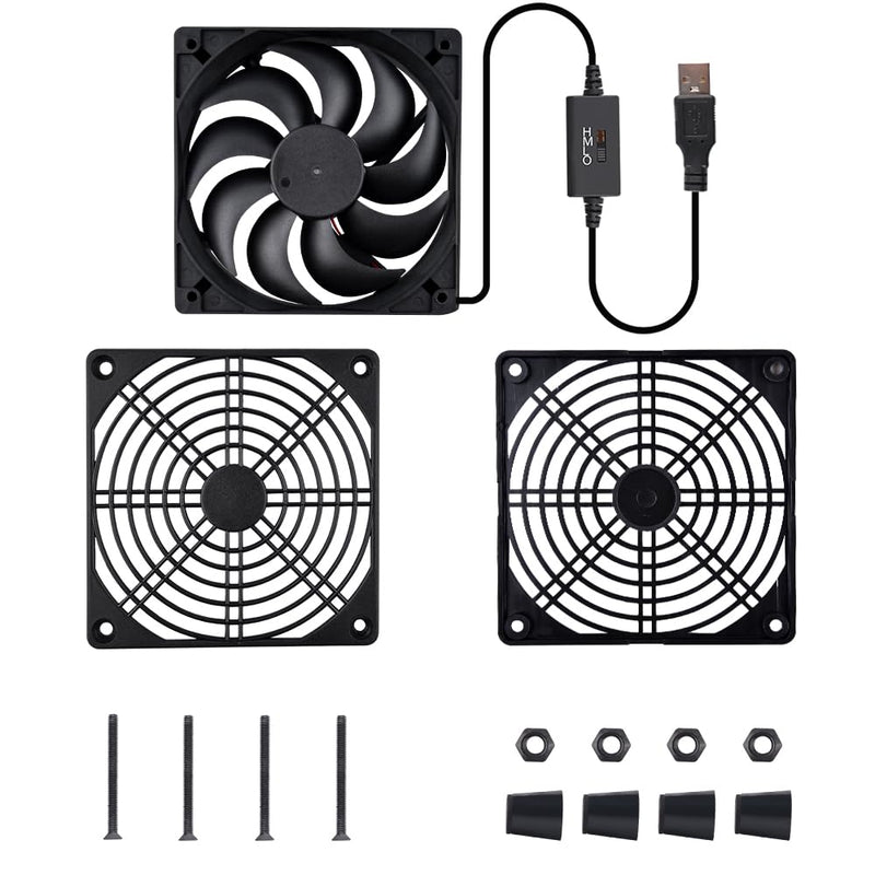 Quiet 120mm Router Fan Cooler with L/M/H 3-Degree Speed Controller, DC 5V USB Powered Cooling Case Fan for Router Modem Receiver DVR PlayStation TV Box 1Pcs 120mm