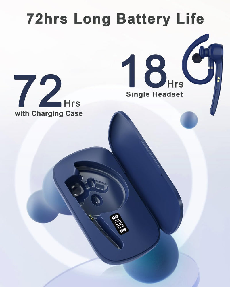 HEIBAS Bluetooth Headset, Wireless Earpiece with Mic for Work | 72H Playtime, 500mAh Charging Case, Hands-Free Calling with Mute Button for Work, Trucker, Office, Driving, iPhone, Blue