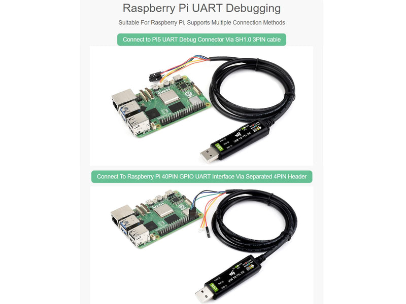 waveshare Industrial USB to TTL Serial Adapter Cable, USB to TTL (D) Converter Onboard FT232RNL Chip Suitable for Raspberry Pi 5 Serial Port Debugging,3.3V/5V Voltage Level Switching