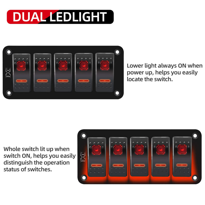FXC Rocker Switch Aluminum Panel 5 Gang Toggle Switches Dash 5 Pin ON/Off 2 LED Backlit for Boat Car Marine Red 5Gang Red