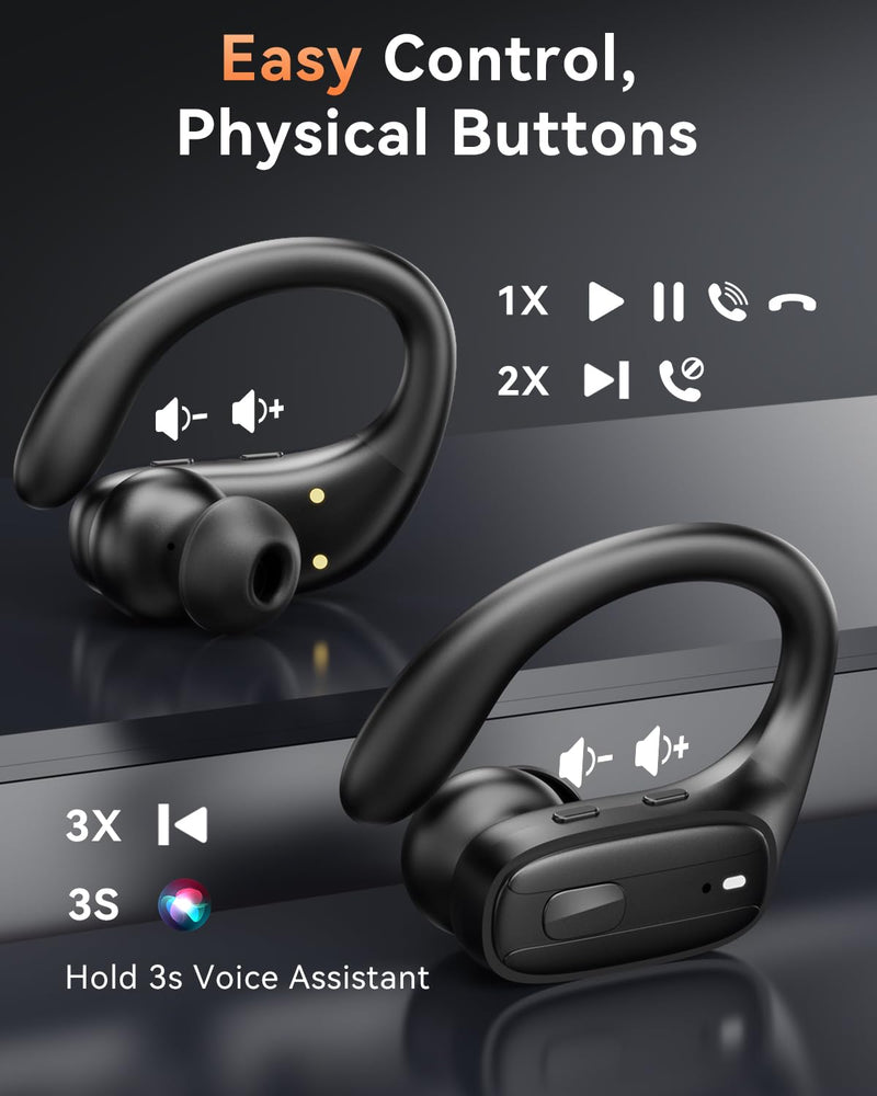 Wireless Earbuds with Ear Hooks, Running Headphones, Ear Buds for Sports | 80H Long Playtime, Noise Cancelling, Physical Button Control, LED Display, IPX7 Waterproof Workout Earphones, Black