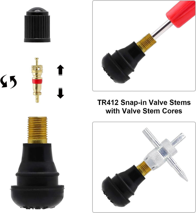 Valve Stem Puller Installer Tool, 5Pcs TR412, 5Pcs TR413, 5Pcs TR414 Tire Snap in Short Rubber Valve Stem, 4 Way Valve Core Remover, Single Head Tire Valve Core Remover Installer Tool(40Pcs) 40 PCS