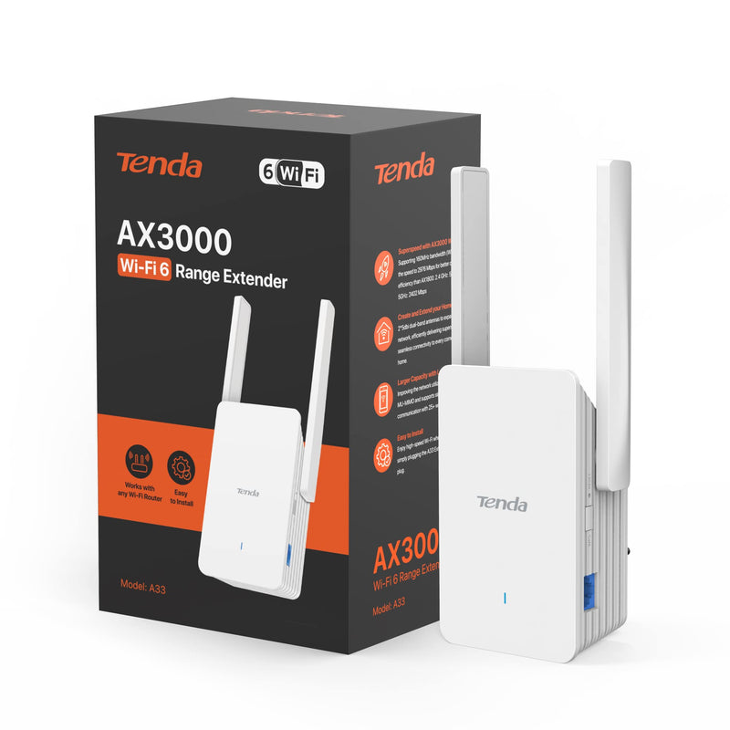 Tenda WiFi 6 Extender, AX3000 Dual Band WiFi Extender Signal Booster with Gigabit Ethernet Port, Home Internet Extender WiFi Booster, AP Mode, WPS Easy Setup(A33) Tenda A33