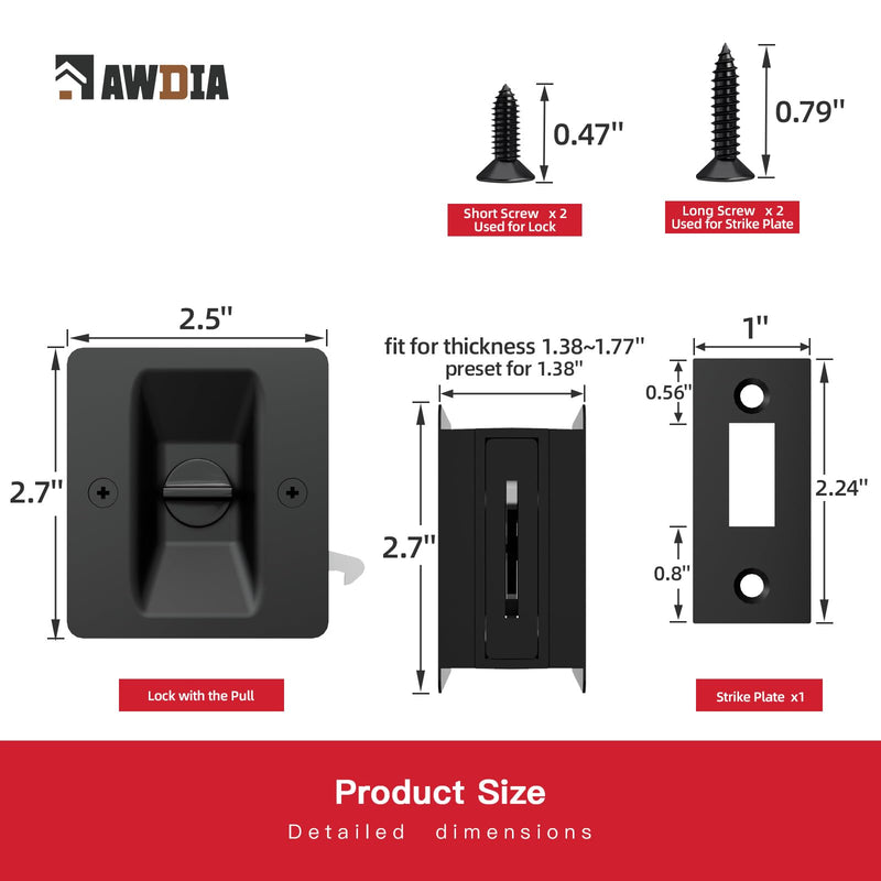 Matte Black Pocket Door Lock, 2-Pack Privacy Pocket Door Hardware, Pocket Door Handles, Pocket Door Lock Latch with Pull, 2-3/4’’x2-1/2’’, for 1.38’’-1.77’’ Thickness Door