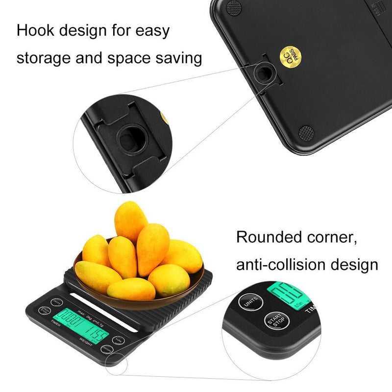 Fdit 3KG/0.1g Electronic LCD Digital Kitchen Food Scale Drip Coffee Weighing with Timer (Green)