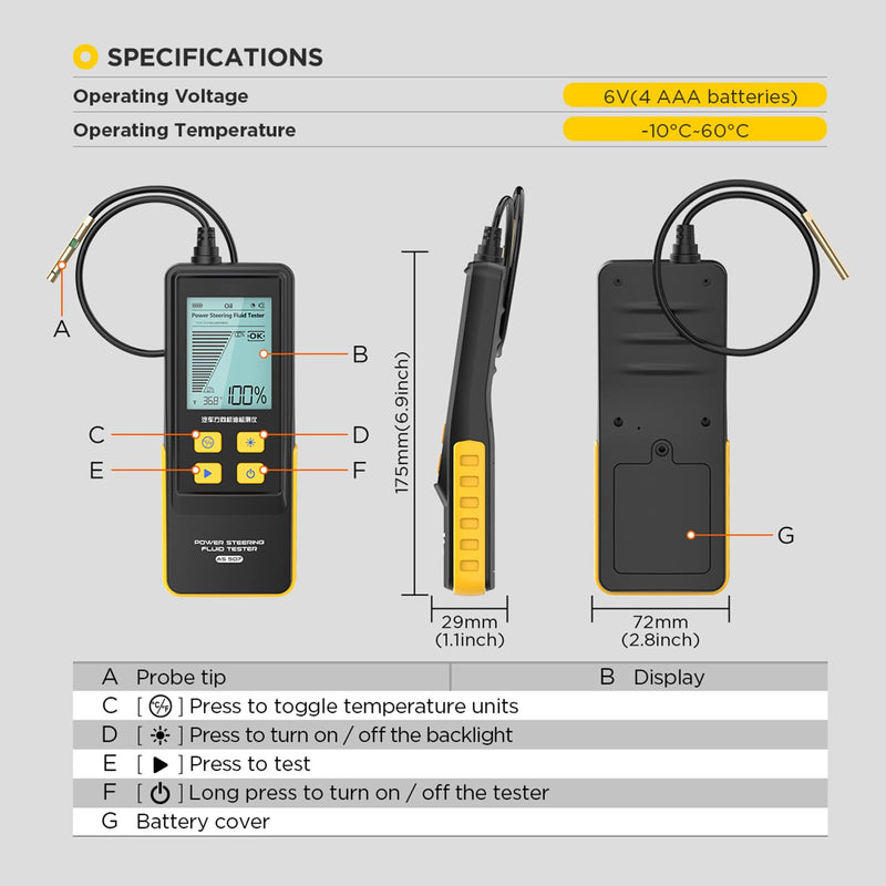 Power Steering Fluid Tester AS507 Auto Check Power Steering Oil Quality Temp. Detector Power Steering Oil Tool with High-Precision Detection Probe,Oil Temp&Transmittance Display,2.8" Backlit Screen