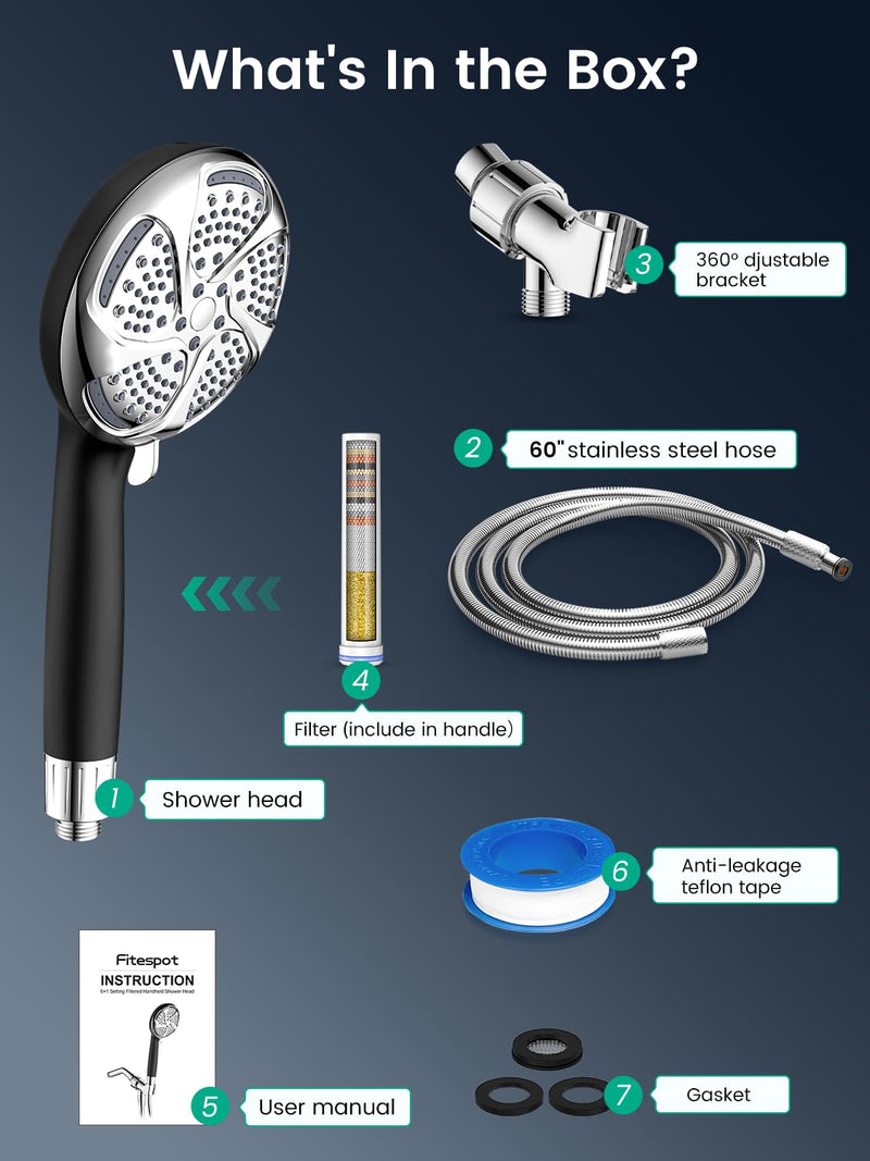 Filtered Shower Head with Handheld, High Pressure 7 Mode ShowerHead with Filters for Hard Water, Anti-clog Nozzles, Built-in Power Wash to Clean, Remove Chlorine - Reduce Dry Itchy Skin Black+Chrome