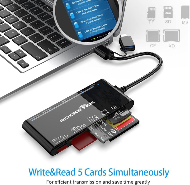 USB C Memory Card Reader, USB 3.0 7-in-1 SD CF XD MS Card Reader | Dual USB-A & USB-C Multi Card Adapter for SD, Micro SD, CF, XD & MS Cards, 5Gbps Data Transfer, Plug & Play Black