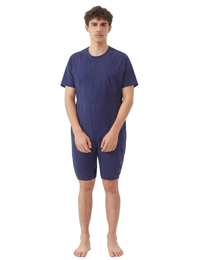 Adaptive Clothing for Men, Anti-Strip Back-Zip Jumpsuit Cotton Romper- Elderly Easy Care Onesie for Special Needs Large Navy