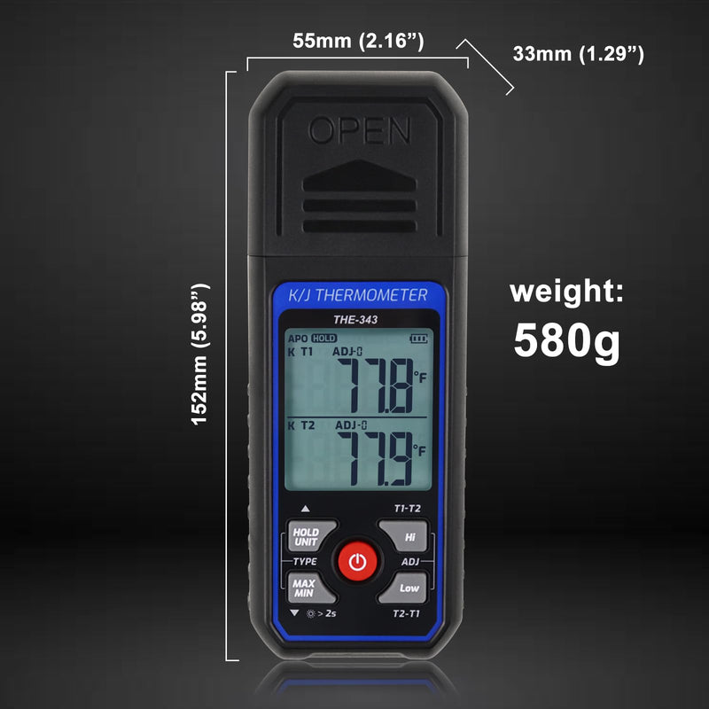 Thermocouple Thermometer Digital K/J Type with 4 K Type Thermocouple, HVAC Thermometer with Alarm & Adj Compensation, Temperature Meter -328°F ~ 2501°F Measuring Range