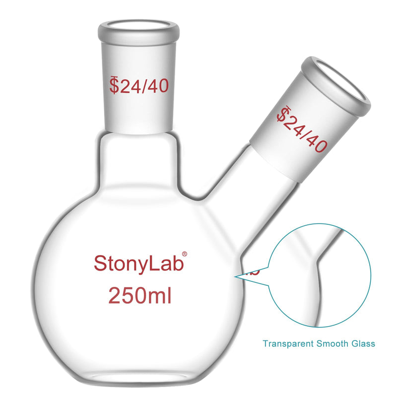 stonylab Flat Bottom Flask FBF, Heavy Wall 2-Neck Lab Flask Borosilicate Glass Flat Bottom Boiling Flask with 24/40 Standard Joint, 250 ml