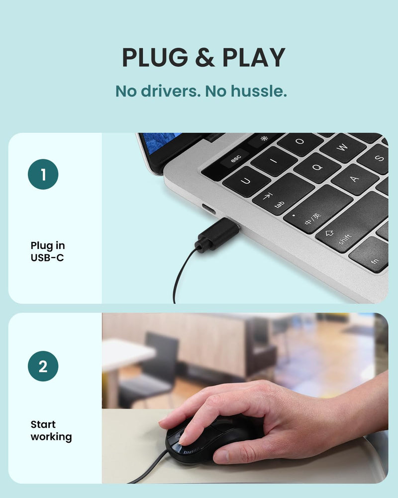 Perixx PERIMICE-405C Wired Portable USB-C Mouse - Reliable 2ft Wired USB-C Cable for Laptop, Tablet, or Smartphone - Silent Click - Black