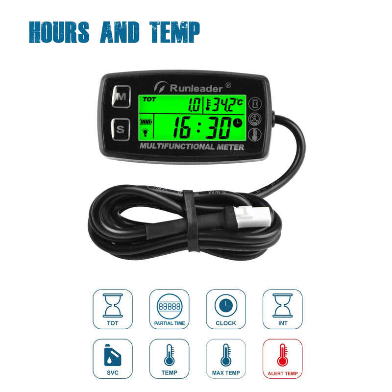 Runleader Digital Hour Meter Tachometer,Engine Temperature Gauge with Alert Temp,3 Backlights Display for Generator Snowmobile Lawn Tractor Pit Bike Compressor Marine Jet Ski (HM035A-TS002-1) RL-HM035A