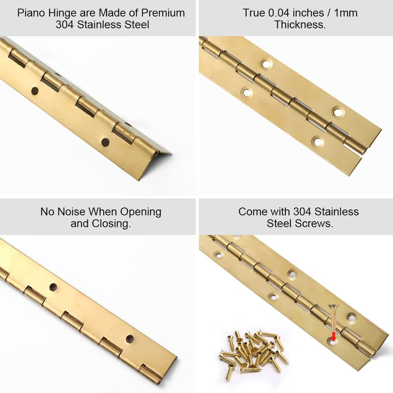 16 Inch Gold Stainless Steel Piano Hinges, 4 Pcs Continuous & Piano Hinge with Holes, Heavy Duty Piano Hinge 0.04" Leaf Thickness, 1.2'' Open Width for Furniture Cabinet Door Wooden Box Woodworking 16 Inch