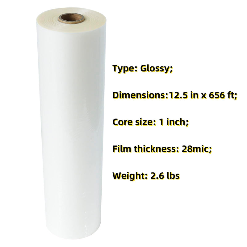 12.5 in x 656 ft Glossy Thermal Laminating Film, 1" Poly-in Core for Hot Roll Laminating Machine 28 mic Thickness