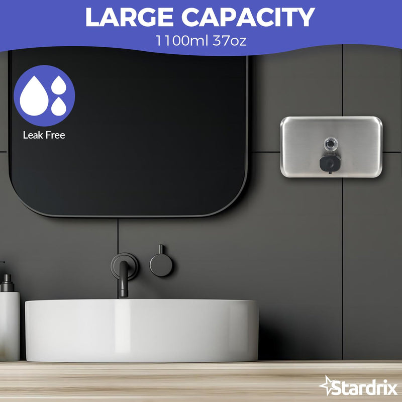 Heavy Duty Stainless Steel Wall Mount Soap Dispenser, 1100ml/37oz, with Corrosion Proof Lining and Anti-Leak Pump for Commercial & Home Bathroom Kitchen (Horizontal) Horizontal
