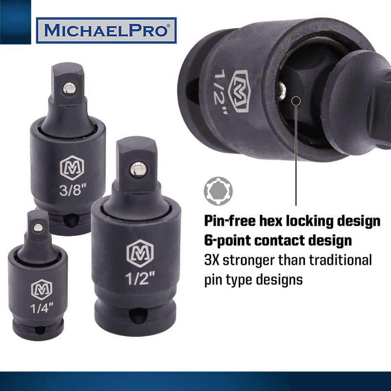 MichaelPro 3-Piece Impact Grade Universal Joint Swivel Socket Adapter Set, 1/4'', 3/8'', 1/2'' Drive, Cr-Mo Alloy Steel, 360-Degree U-Joint Sockets, Access Hard-to-Reach Fasteners - MP005026