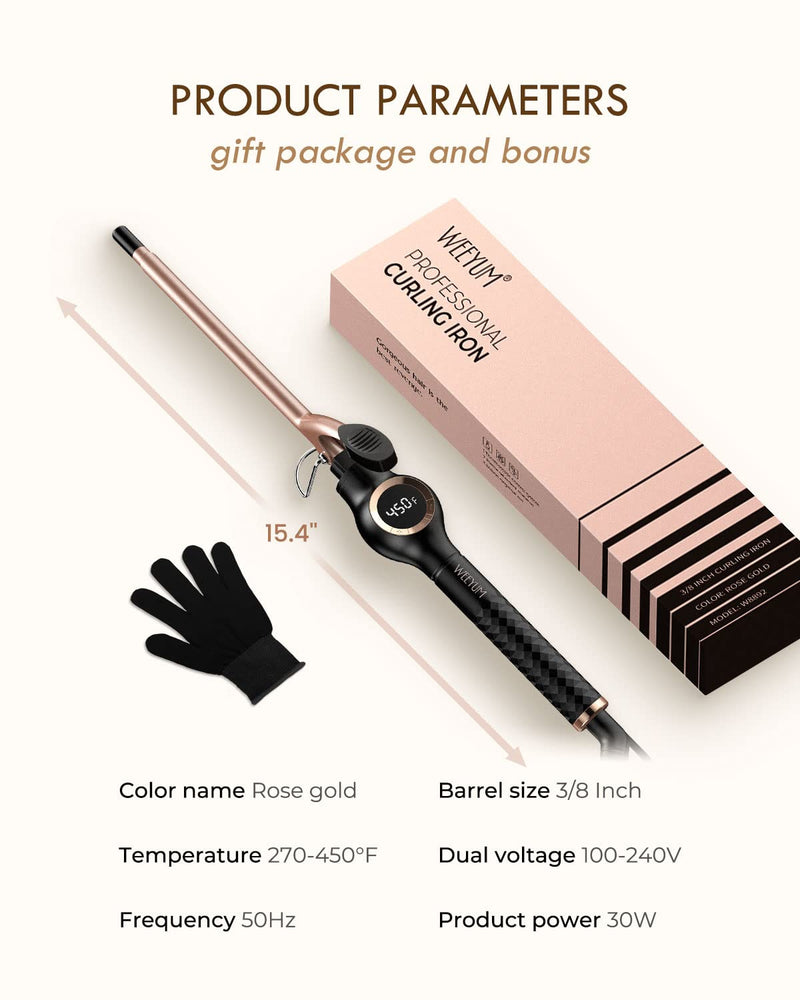 Small Curling Tongs 9mm, Tiny Hair Curling Tongs for Short Hair, 9mm Thin Curling Iron Ceramic Tourmaline Dual Voltage