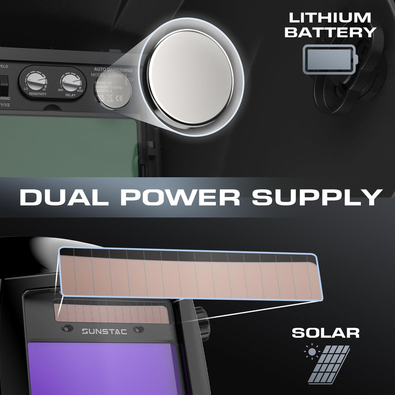 Sunstac Welding Helmet with Auto Darkening Large Viewing Screen 3.94"X3.27" True Color Solar Power, 4 Arc Sensor Wide Shade 4/5-9/9-13 for STICK/MIG/TIG/CUT 3.94x3.27" B. Black