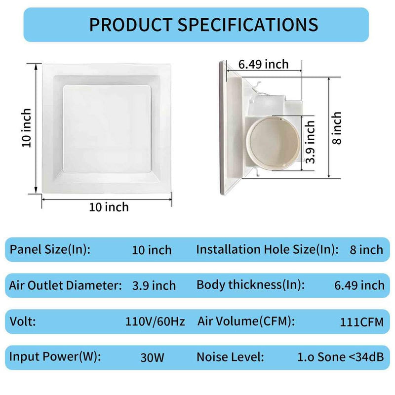 Bathroom Exhaust Fan 10" Panel, 8" Hole Size, Ceiling Mount Ventilation Fan without Light, Square Quiet Ventilation 111 CFM, 4" Duct Extractor Fan for Home Bathroom Office, White