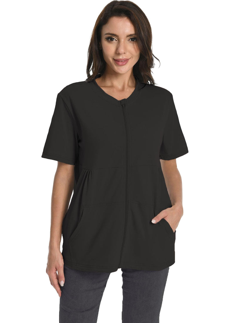 Post Mastectomy Zip Up Shirts with Drain Pockets Surgery Recovery Must Haves Clothing Comfy Short Sleeve Shirts Black Large