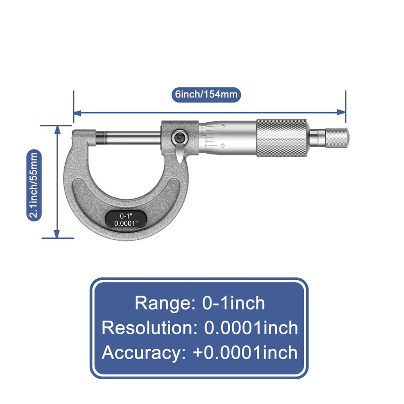 HDLNKAK Outside Micrometer 0-1", Machinist Micrometer, 0.0001" Graduation Micrometer Set, Alloy Precision Micrometer, Machinist Tool, Micrometer Standard with Case - Grey Outside Micrometer 0-1"