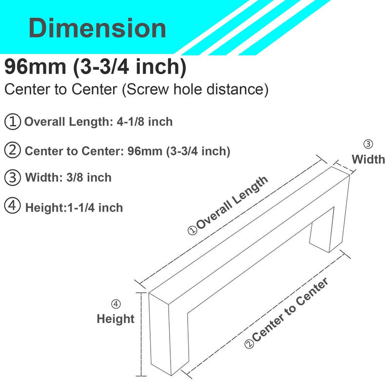 Modket 10 Pack Euro Square Cabinet Handle 304 Stainless Steel — 4-1/8" Overall Length, 3-3/4" (96mm) Hole Center, Matte Black 4-1/8" Length (3-3/4" [96mm] Hole Center) Pack of 10
