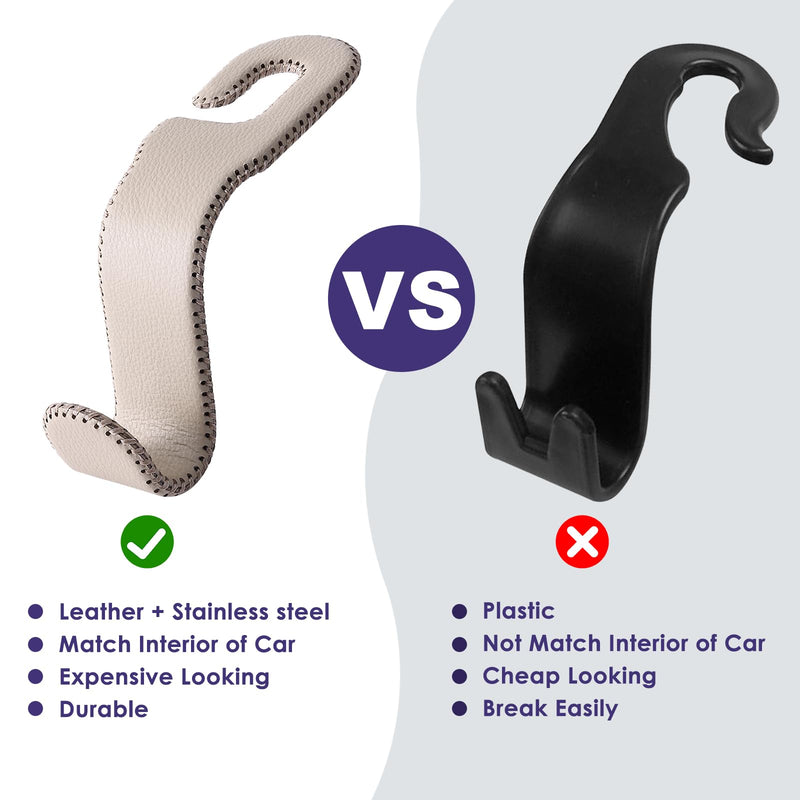 Leather Car Hooks for Headrest - Fully Leather-Wrapped U-Shaped Purse Holder for Car, Flexible Seat Back Organizer & Durable Car Accessories for Purses, Bags, Coats & More (Beige, 2 Pack) Beige