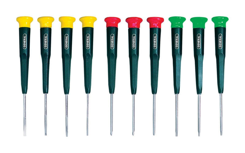 General Tools 690 Precision Screwdrivers, Set of 10, Color-Coded Slotted, Phillips and Torx Bits with Swivel Heads, Organizer Case