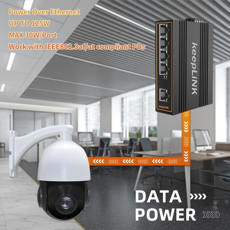 5 Port Industrial PoE Switch Unmanaged, 125W Fast Ethernet Din Rail Switch, IP40, Operating Temperature Range of -30° – 75°C (-22° – 167°F) 5 Port 100Mbps PoE Switch