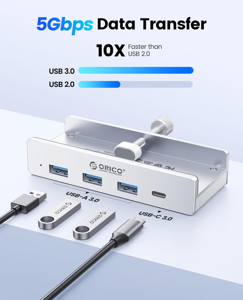 ORICO USB Hub 3.0, Clamp USB Hub with Extra Power Port, Aluminum 4-Port USB Adapter with 3 USB-A Data Ports, USB-C Port for Monitors, Desks(Silver) Silver