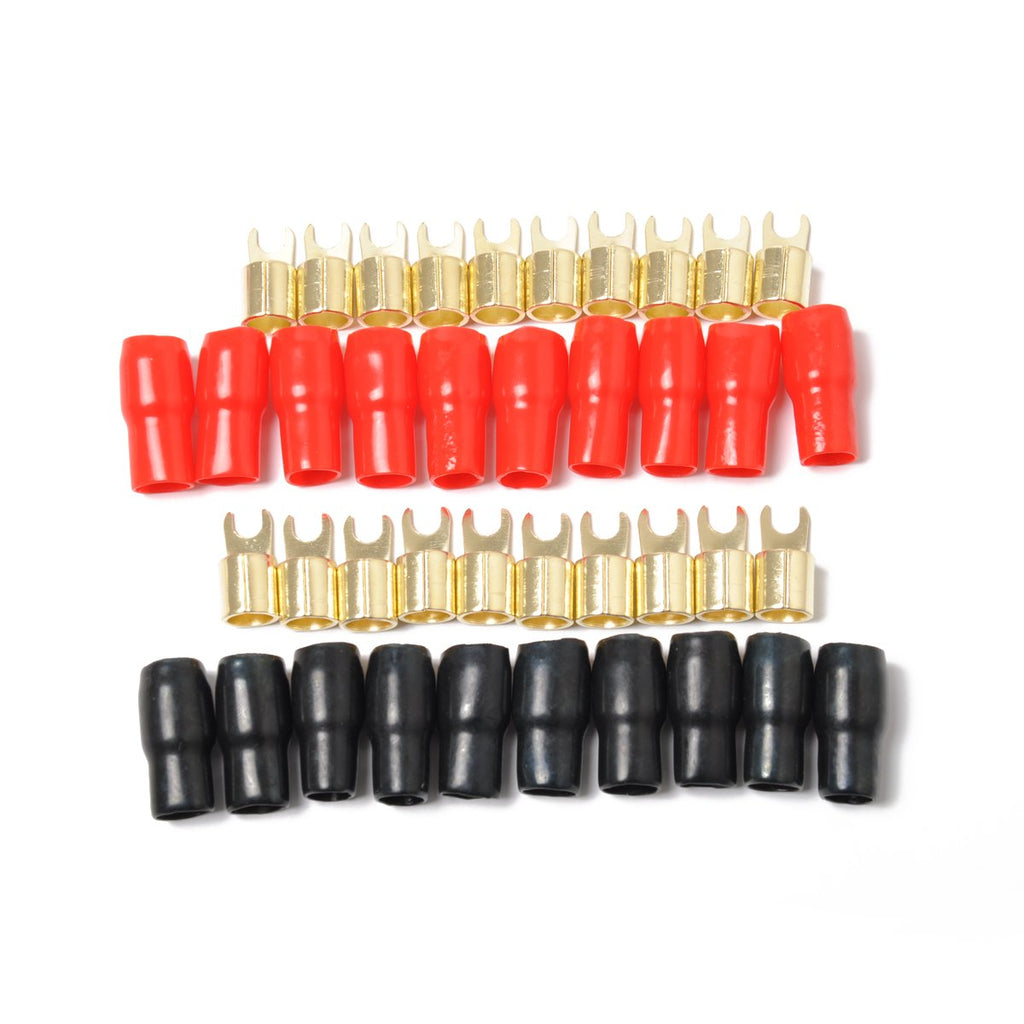 10 Pairs Copper Gold Plated 4 Gauge Strip Spade Terminal Spade Fork Adapters Connectors Plugs Crimp Barrier Spades for Speaker Wire Cable Terminal Plug - 4GA (Red and Black)