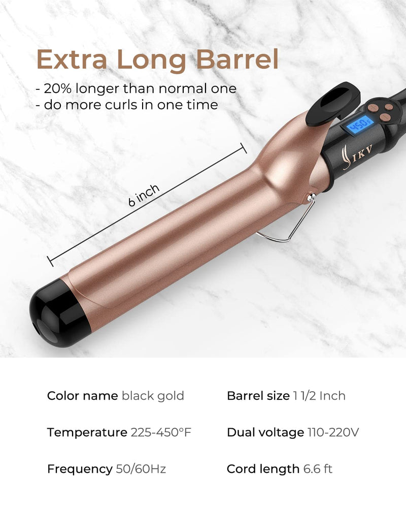38mm Large Curling Tong Extra Long Barrel,110-210°C, Big Curls | 100-240V Dual Voltage Curling Iron For Travel，Large Curling Wand 38mm for Long Hair,Ceramic Tourmaline,Auto Shut Off