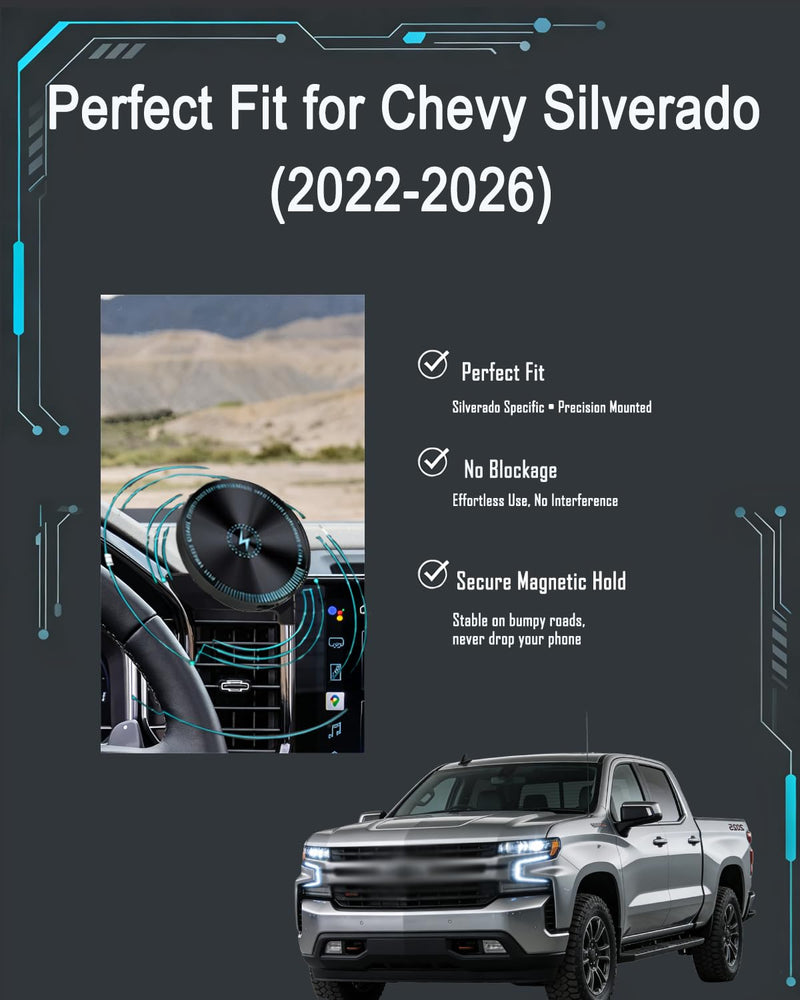 for Silverado Phone Mount 2022-2026 Magnetic Fast Wireless Charging | Custom Fit for Silverado, Strong Magnetism, Universal Compatibility, 360° Rotation, No Drill, No View Blockage, Secure Hold