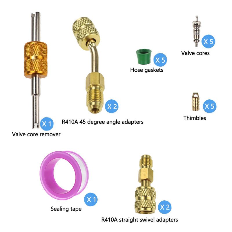 R410a Adapter Kit for Mini Split System, 5/16" Female to 1/4" Male Charging Vacuum Port Adapter, 5V1 Valve Cores Brass Hose Fitting Connectors for Air Conditioning Refrigeration HVAC Service