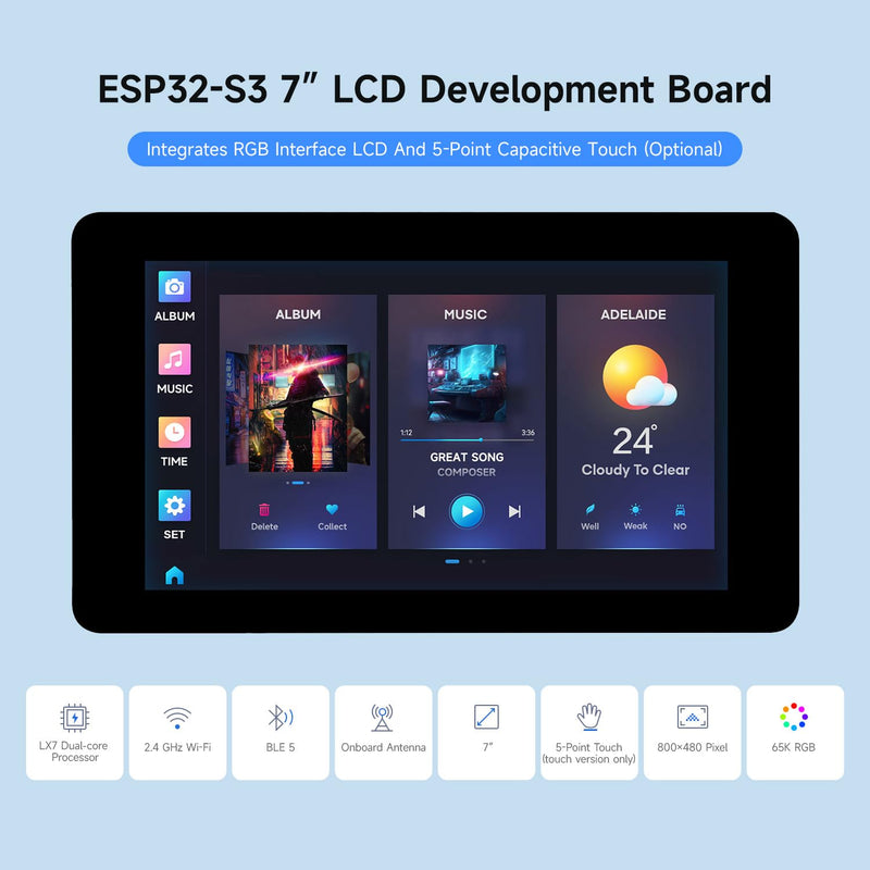 Waveshare ESP32-S3 7inch Display Development Board, 800×480, 32-bit LX7 Dual-core Processor, Up to 240MHz Frequency, Supports WiFi & Bluetooth, with Onboard Antenna, No Touch
