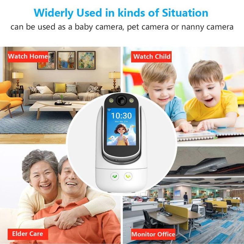 Video Call Security Camera Indoor, Nanny Camera Baby Camera Pet Camera,2-Way Video Call,2-Way Audio, 360°Pan/Tilt WiFi Camera for Home Security, Motion Tracking, 1080P 2.8 inch HD Screen,Night Vision White B
